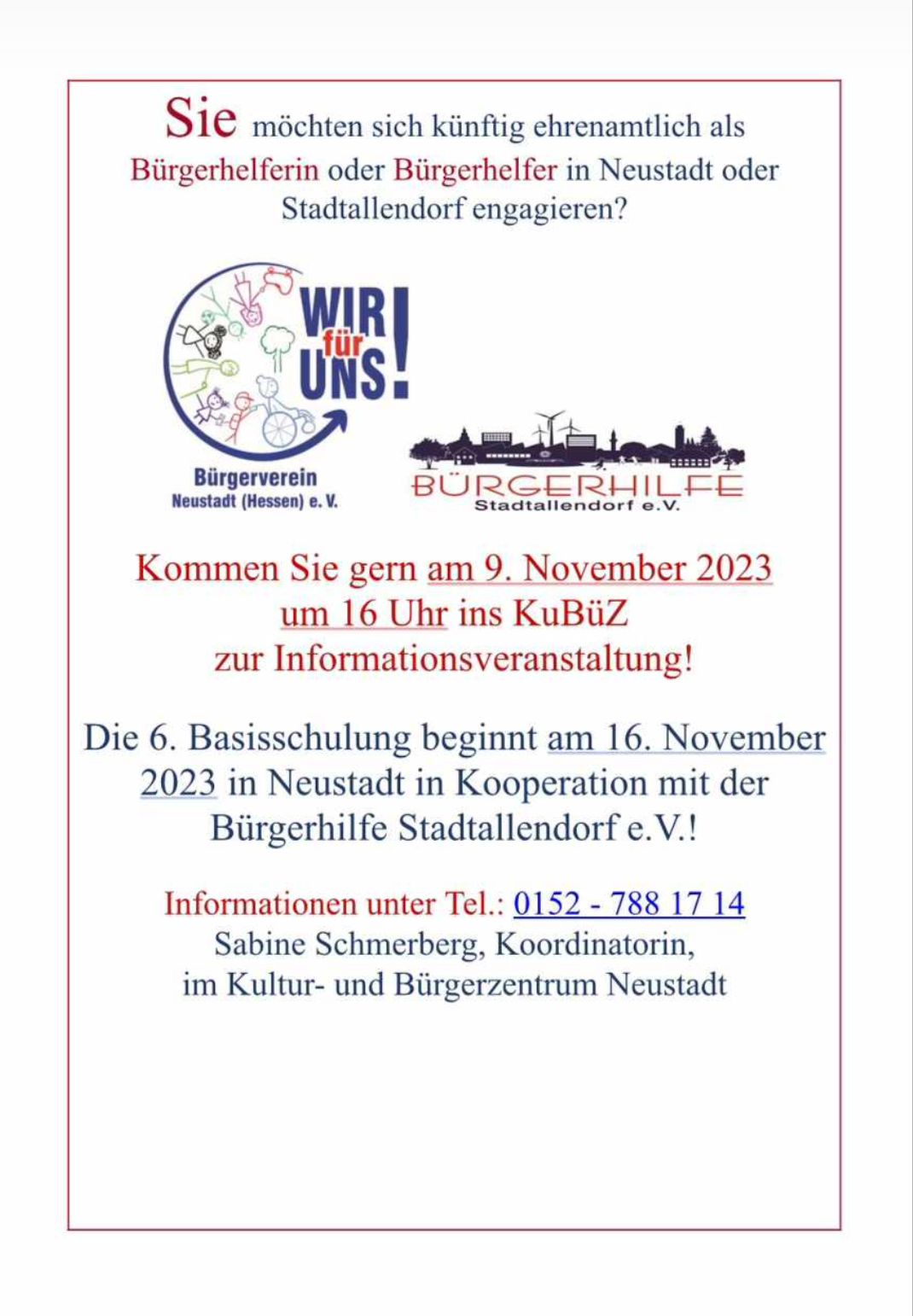 Read more about the article Infoveranstaltung für die 7. Basisschulung für Bürgerhelferinnen und Helfer am 09.11.2023 um 16.00 Uhr